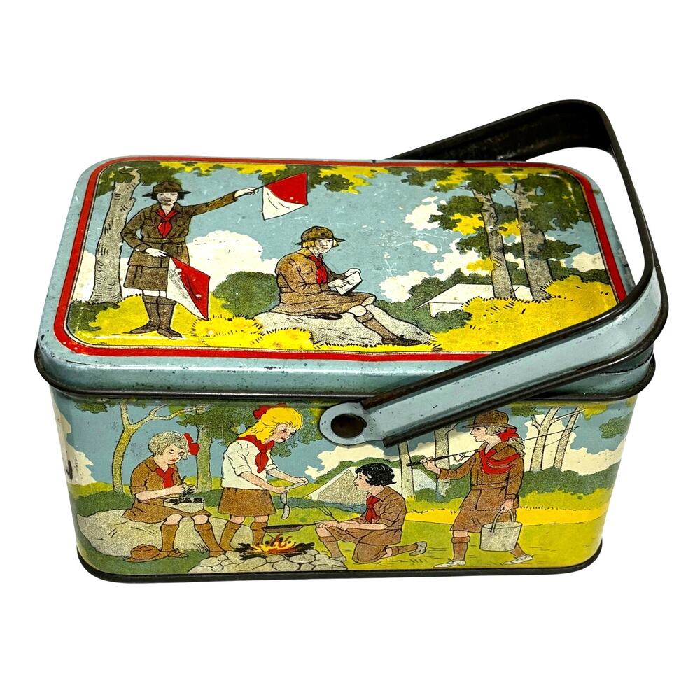 Vintage Girl Scouts metal tin lunch box top handle guides flags yellow blue